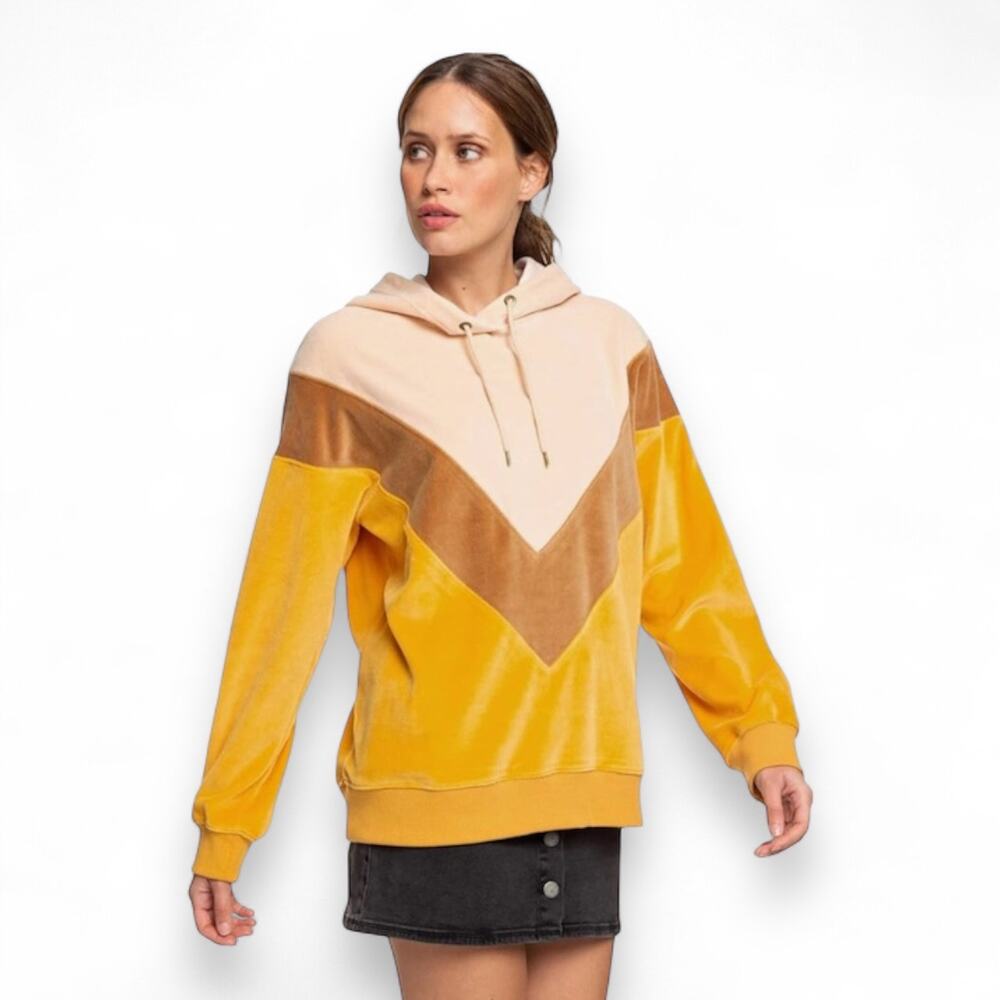 Roxy Women's Chasing Waves Velour Hoodie Size M Golden Glow Yellow Pink Tan V - Picture 2 of 15